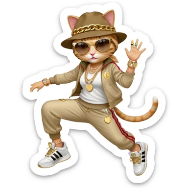 female cat jumping, Run DMC hip-hop outfit, tracksuit, fedora, Adidas sneakers, dark sunglasses, many gold chains, bling accessories rings bracelets earrings sticker