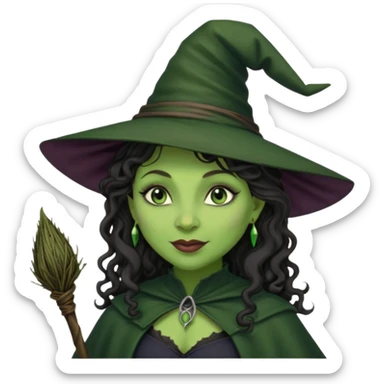elphaba the wicked witch from wicked movie (cynthia erivo) dark long curly hair, thick lips, wide nose, green skins, witch hat, witch broom, evil, wicked musical film, smirk sticker