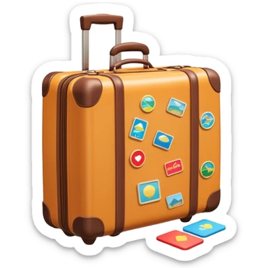 A 3D cartoon suitcase placed on the ground with travel stickers, soft sunlight, warm tone, realistic Memoji-style design. sticker