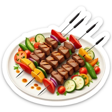Cinematic Realistic Shish Kebab Dish Emoji, showcasing skewered, grilled meat with vibrant vegetables rendered with dynamic textures and warm, inviting lighting. sticker