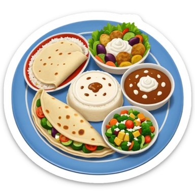 dinner plate , rice , bowl of  gravy , roti , veggies , curd , salad    sticker