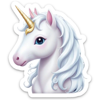 Cinematic Cute White Unicorn Portrait Emoji, Head tilted playfully and inquisitively, featuring a charming, petite form with a silky white color, a delicately flowing mane and tail, and a tiny, sparkling horn, with large, dreamy eyes full of wonder, Simplified yet irresistibly adorable features, highly detailed, glowing with a warm, enchanting glow, high shine, affectionate and lively, stylized with a touch of fairy-tale whimsy, soft glowing outline, capturing the essence of a mischievous yet endearing white unicorn that seems as if it could gallop out of the screen into your heart! sticker