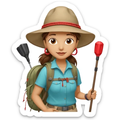 Middle aged women, long brown ponytail with wide brim hiking hat. With backpack and trekking poles. Backpack has a scallop shell with the cross of saint james hanging from it.  Remove the cross and add a scallop shell on a red string hanging from the backpack  sticker