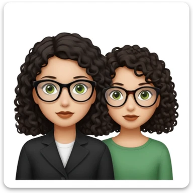 One girl with long dark brown hair, black glasses, green eyes, and neutral skin tone. Another girl with black curly shoulder length hair, hazel eyes, neutral skin tone  sticker