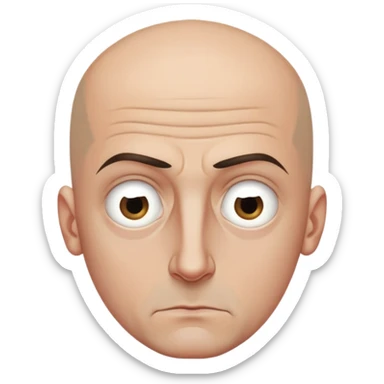 Steven Miller, bald, intense scowl, very narrow rectangular head, bottom lip sticking out, eyelids nearly shut and drooping on the outer sides, pronounced dark areas around eyes sticker