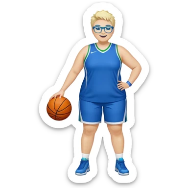 Full Body plus size white female with short spike hair wearing blue glasses basketball player wearing blue green uniform smiling sticker