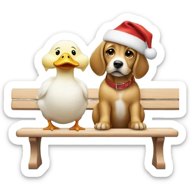 dog and baby duck sitting next to each other on a bench with christmas hats sticker