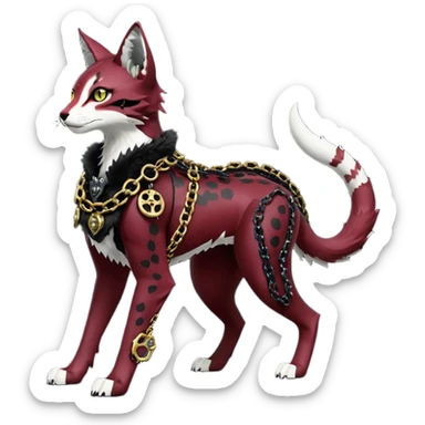 Epic complex knightly divine glorious futuristic detailed dark dusky gloomy deep gothic sanguine-blood-maroon-black-white, realistic Fakémon-Sprigatito-Floragato-Meowscarada-Trico-Sergal-Serval-Vernid-creature (full body) with metal gears and metal collar with gold chains sticker