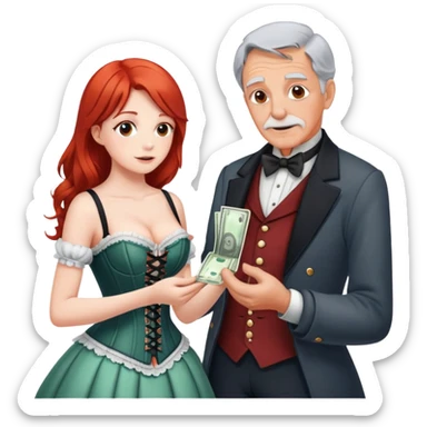Kind elderly grandfather with gray hair giving money to a, pretty, corset, modern, red head young woman who needs financial help,  sticker