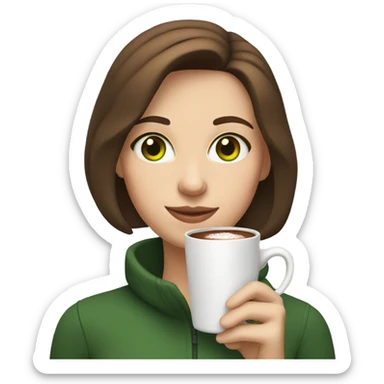 white girl with brown short hair with green eyes, holding hot chocolate sticker