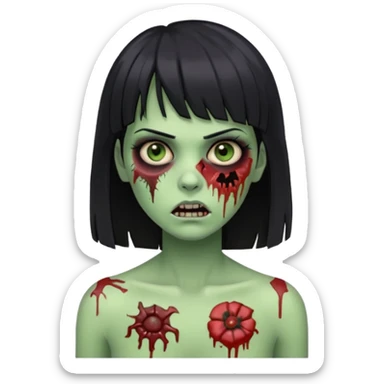 Um zumbi feminino, com cabelo preto e franja, machucados pelo rosto e torso, fundo escuro destacando o rosto com sombras pele verde sticker