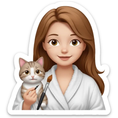 A image of a girl with light long brown hair wearing a bathrobe doing her makeup with her chubby grey tabby cat. She is smiling sticker