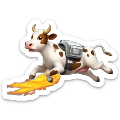 side-on view of cow flying to space while wearing a jetpack that is emitting flames, legs being pushed back by the wind sticker