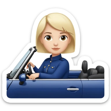 navy blue convertible Mini Cooper, with short, blonde colored haired woman driving - update woman to fair skinned sticker