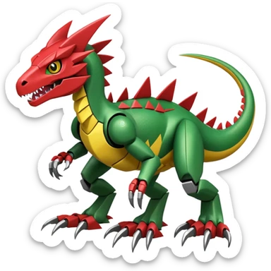 Cool Edgy Green Red Yellow Digimon-Fakemon-Guilmon-Velociraptor-Dragon-Mecha full body sticker