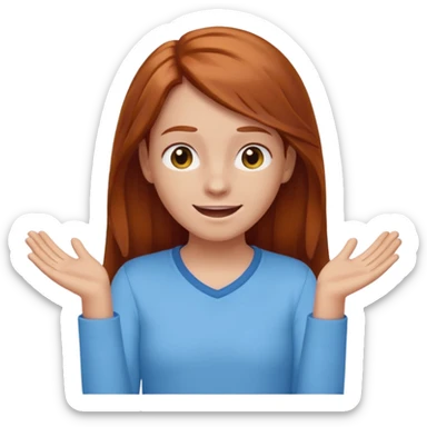 shrugging happy emoji tween long auburn hair light blue shirt with a darker blue L sticker