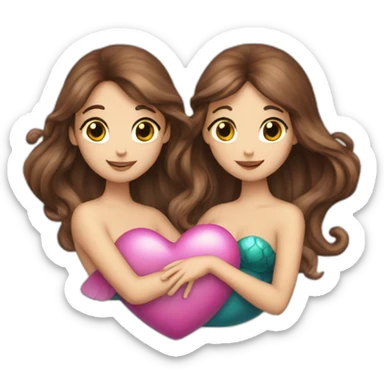 Two brown haired mermaids with their tails making a heart sticker