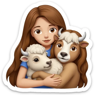 White bison dog in hug with girl with brown long hair and heart between them sticker