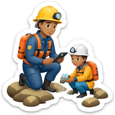 Marine geologists in rain gear collecting rock samples from ocean floor during stormy seas sticker