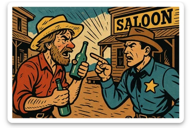A drunk gold prospector in an early mining town in the American West during the Gold Rush in an argument with the local sheriff with a saloon in the background. sticker
