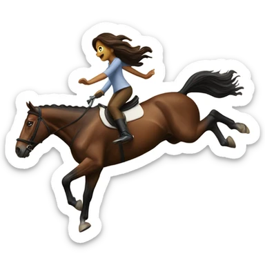 A brown horse jumping a jump with a girl riding it  sticker