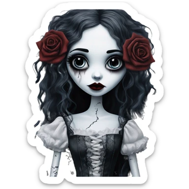 full height tim burton corpse bride, porcelain doll with a cracked face, goth makeup watery eyes, long hair, lace and ruffles, lolita style, inked, black and white, red roses sticker