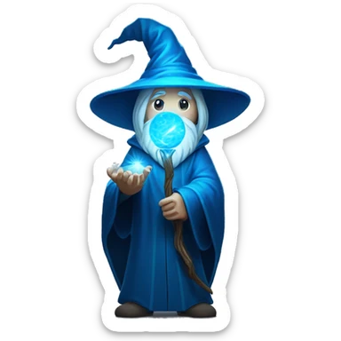 Wizard with staff emitting magical light, ball at the end glowing blue. Mysterious and impressive. sticker