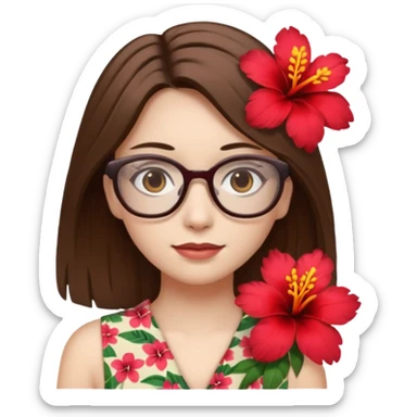 female with white skin. Shoulder length straight brown hair. Brown eyes with glasses. Hawaiian Flower in hair sticker