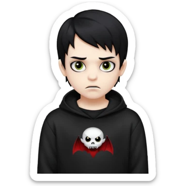 Vampire boy with the black emo hair, pale-white skin, black eyes, little fangs and dark circles under his eyes. He has serious face and he wear a black oversize sweatshot sticker