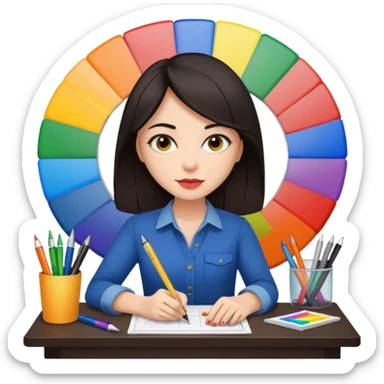 female dark hair graphic designer , color wheel, pens, papers , desktop sticker