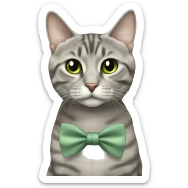 Aesthetic round-faced grey tabby British short hair full body cat with sage green bow tie sticker
