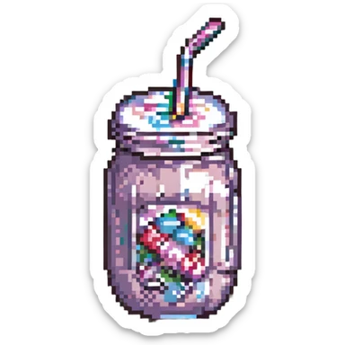milkshake in a glass with a straw, pixel art style sticker