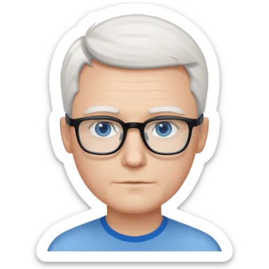 Thin white man, short-white-hair, black thin square glasses, white shirt, blue eyes, ceo - no tie sticker