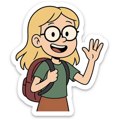 6th grade girl with blonde hair and glasses, waving, wearing a backpack, cartoon style sticker