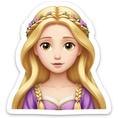 Cinematic Serene Rapunzel Portrait Emoji, rendered in a simplified vector style. Depict a gentle Rapunzel (chest and above) with delicate porcelain skin and long, shimmering golden hair, her expression calm and reflective, dressed in her traditional attire. The image is imbued with a soft, luminous glow and a subtle glowing outline. sticker