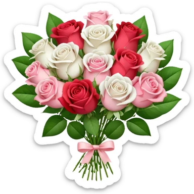 A white paper-wrapped bouquet of fresh roses and baby’s breath sticker