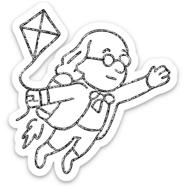 hand-drawn black outline icon of Ben Franklin with jetpack, left hand holding diamond kite, right arm outstretched in flight, minimalist startup logo sticker