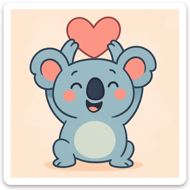 cartoon koala holding a heart above its head, pastel toon style, soft background sticker