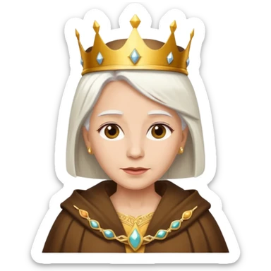 Queen with straight white hair – golden crown, brown robe sticker