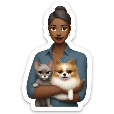 Woman in the right arm is holding a sphinx grey cat and in the left arm holding a Pomeranian dog sticker