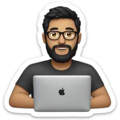 Designer with black hair, beard and glasses working with MacBook and drinking cappuccino  sticker
