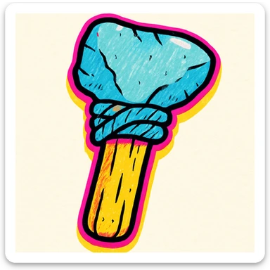 conpep-style cartoon Stone Age hand axe, primitive and sturdy, with a light brown wooden handle, thick rope, and a gray stone blade. Clean white background, soft shadows, and glossy highlights for a polished emoji effect. sticker