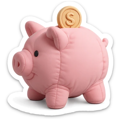 Side profile view of a pink piggy bank with a coin, 3d cartoon style, soft look, no background, plushy cushion texture, soft shading and lighting. sticker