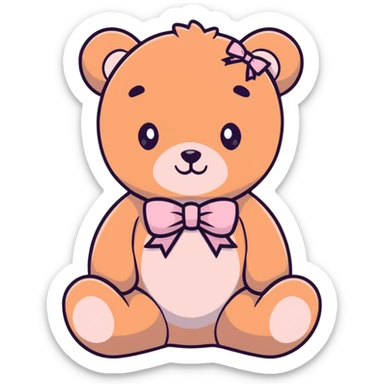 Stuffed teddy bear with light pink ribbon tied in a bow around its neck sticker