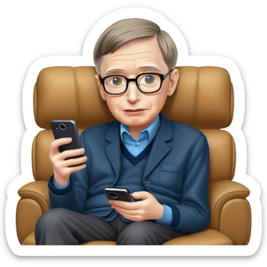 Stephen Hawking with glasses sitting on a couch playing a mobile phone game sticker