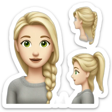 medium blonde girl with page cut, green eyes, long face, pale skin, silver earrings, and a grey sweater sticker