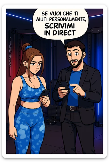 TRASFORMA QUESTO CAROSELLO IN UN FUMETTO STILE WEBTOON/MANGA A COLORI CON QUESTE DUE PERSONE IDENTICHE CHE INTERLOQUISCONO TRA LORO, L'UOMO MOSTRA UNO SMARTPHONE ALLA DONNA INDICANDOLO, E ANCHE LA DONNA HA LO SMARTPHONE IN MANO PER ANDARE A SEGUIRE IL SUO PROFILO INSTAGRAM:

LUI (UOMO): Se vuoi che ti aiuti personalmente
SCRIVIMI IN DIRECT sticker