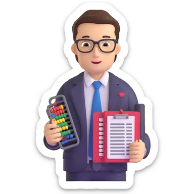 male accountant with tax forms, abacus and spreadsheet sticker