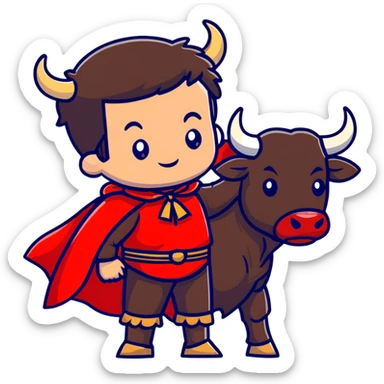 matador in traditional costume with red cape and bull sticker