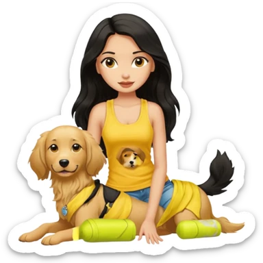a tan pretty bratz girl with long wavy black hair, wearing a yellow tank top with a street dog sticker